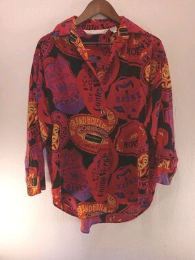 Vintage Brett Harrison 100% Silk Blouse Large Hotel Luggage Tag Travel Print 80s